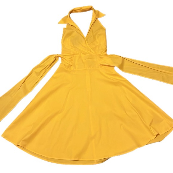 S Women Summer Vacation Halterneck Dress Waist-Hugging Ruffled Midi Skirt Yellow - Picture 3 of 16